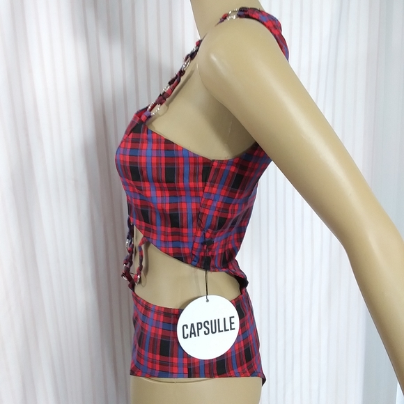 DOLLS KILL Silky Lined Red Plaid Bodysuit w Straps & O-Rings NWT Sz S - Picture 13 of 16